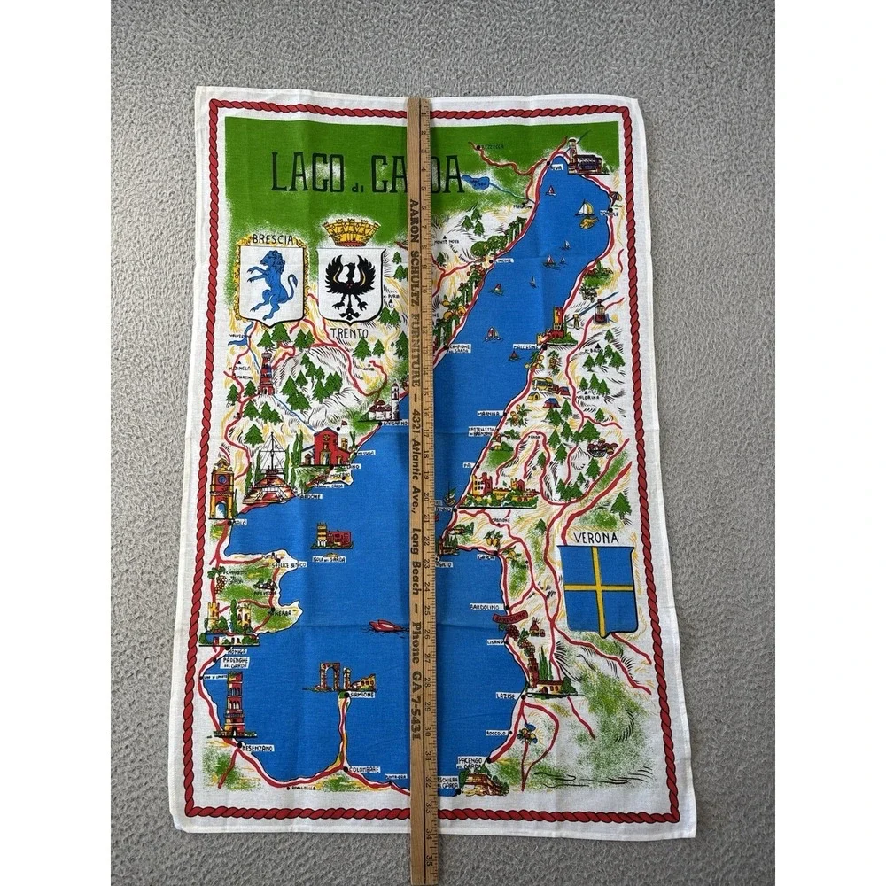 Vintage Lago Di Garda Souvenir Tea Towel Linen MCM Map 34x22
